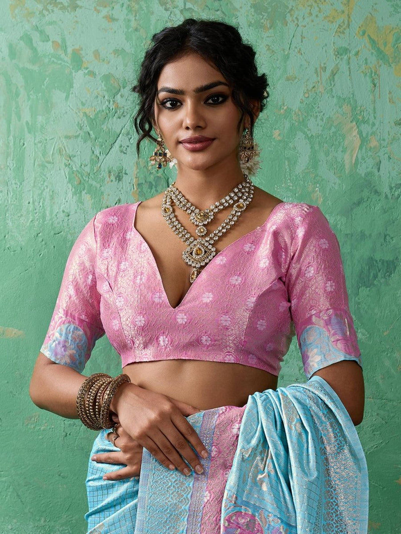 Sky Blue Linen Cotton Contrast Pallu Saree | EZB SI04 SUBLO1003 - EZBER