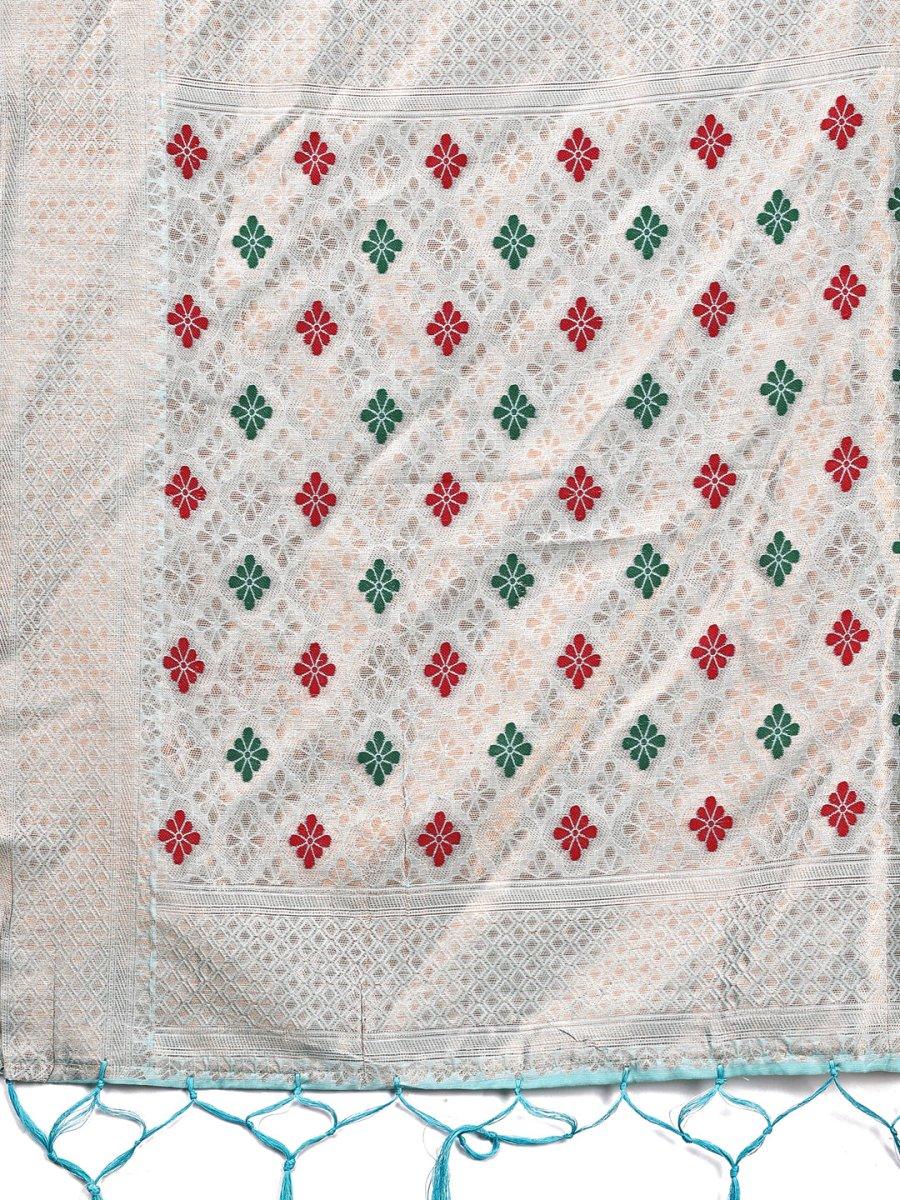 Sky Blue Linen Cotton Saree With Blouse Piece - EZBER