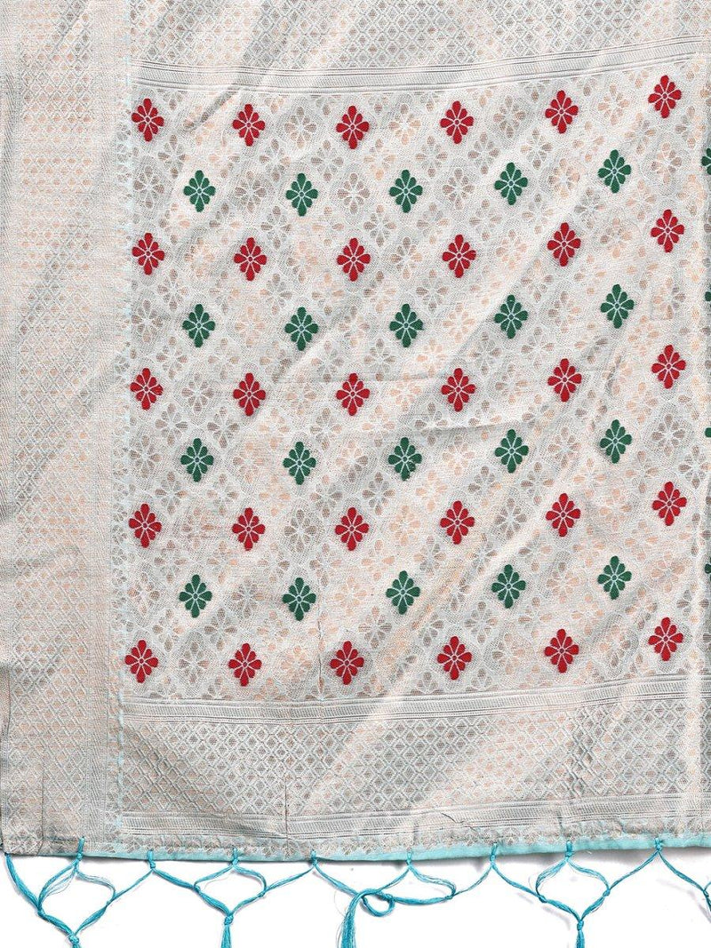 Sky Blue Linen Cotton Saree With Blouse Piece - EZBER