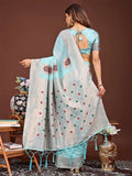 Sky Blue Linen Cotton Saree With Blouse Piece - EZBER