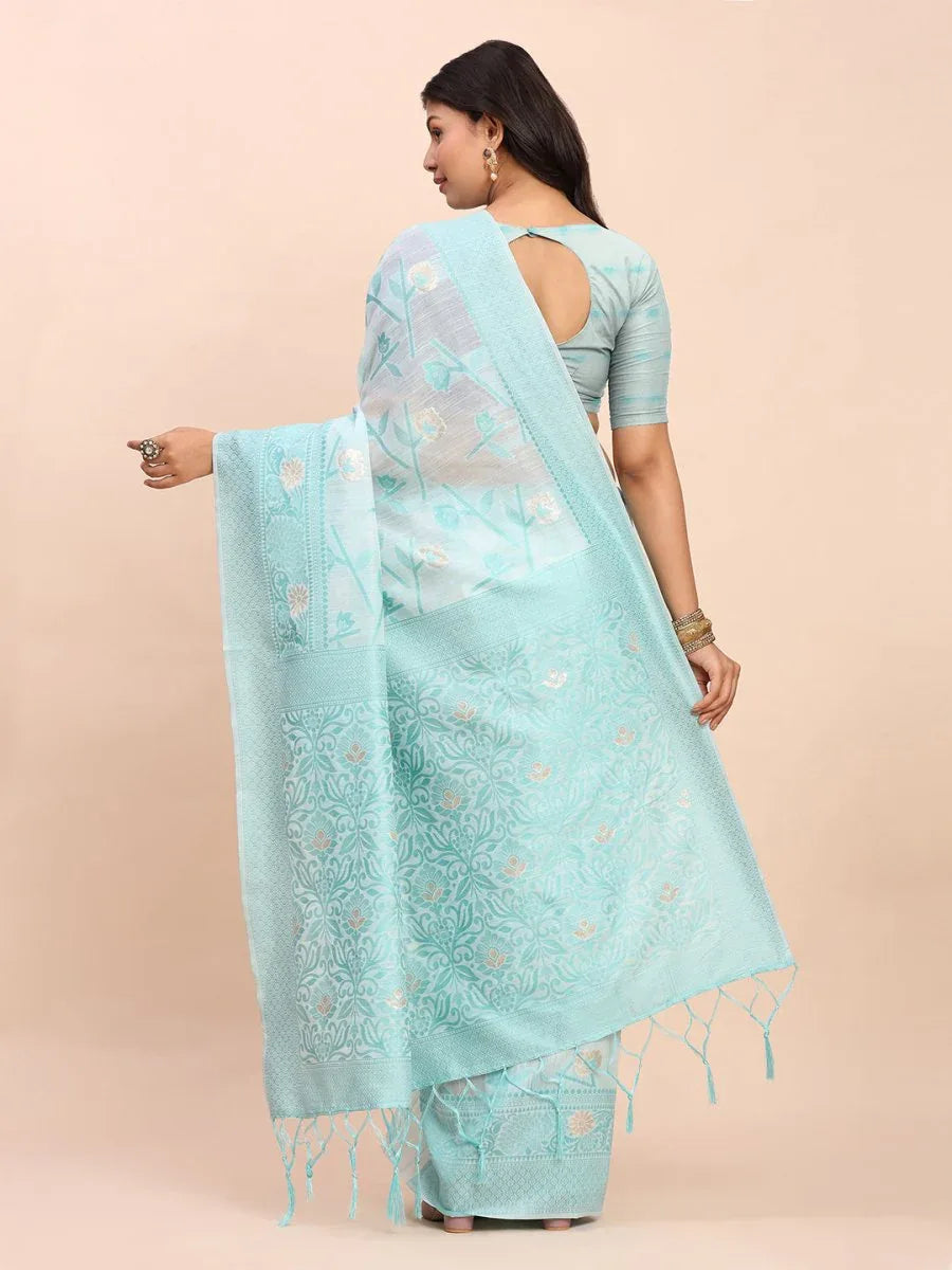 Sky Blue Linen Cotton Saree With Blouse Piece - EZBER