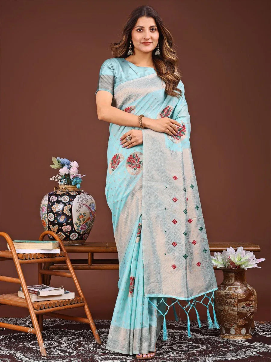 Sky Blue Linen Cotton Saree With Blouse Piece - EZBER