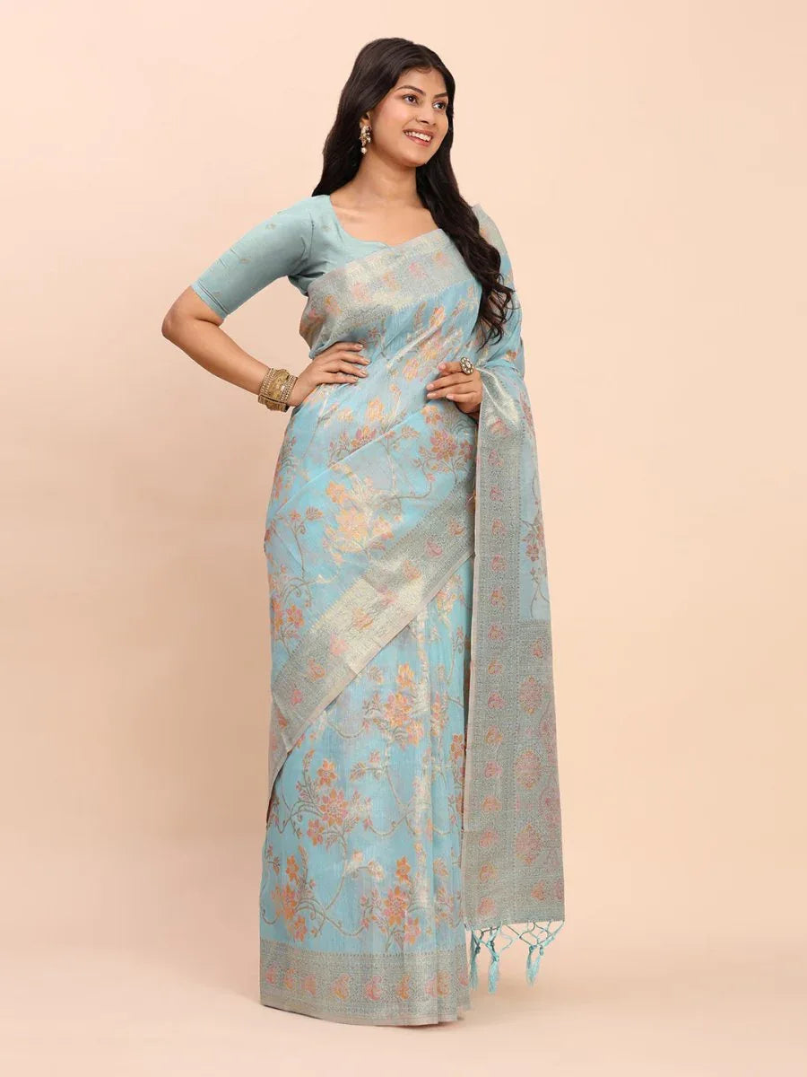 Sky Blue Linen Cotton Saree With Blouse Piece - EZBER