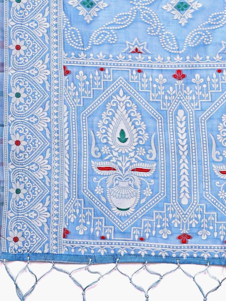 Sky Blue Linen Cotton Saree With Blouse Piece - EZBER