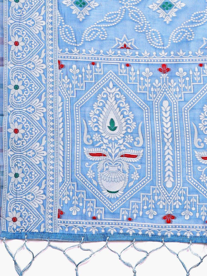 Sky Blue Linen Cotton Saree With Blouse Piece - EZBER