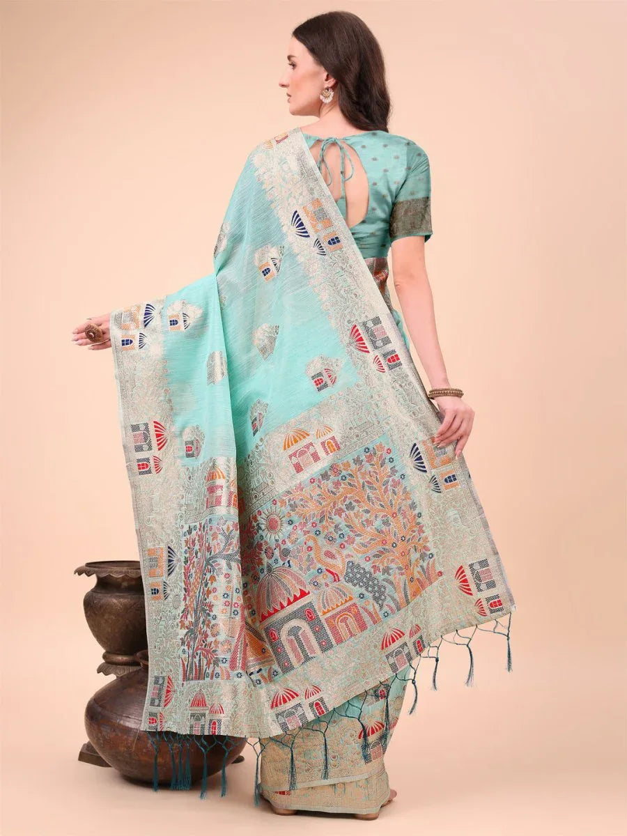 Sky Blue Linen Cotton Saree With Blouse Piece - EZBER