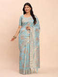 Sky Blue Linen Cotton Saree With Blouse Piece - EZBER
