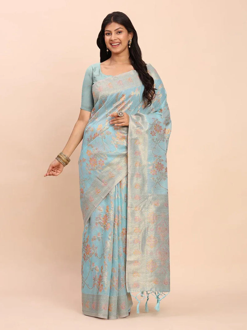 Sky Blue Linen Cotton Saree With Blouse Piece - EZBER