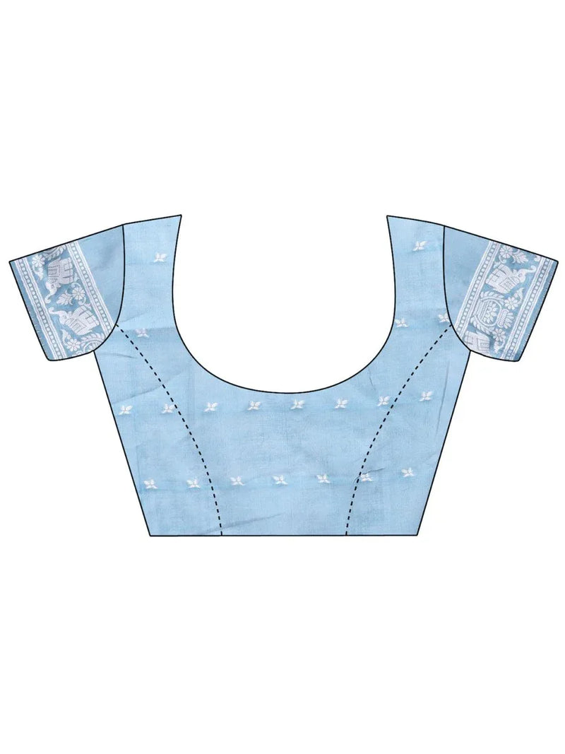Sky Blue Linen Cotton Saree With Blouse Piece - EZBER
