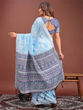 Sky Blue Linen Cotton Saree With Blouse Piece - EZBER