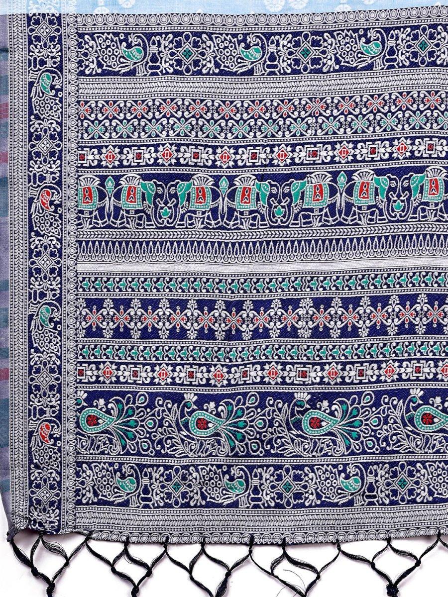 Sky Blue Linen Cotton Saree With Blouse Piece - EZBER