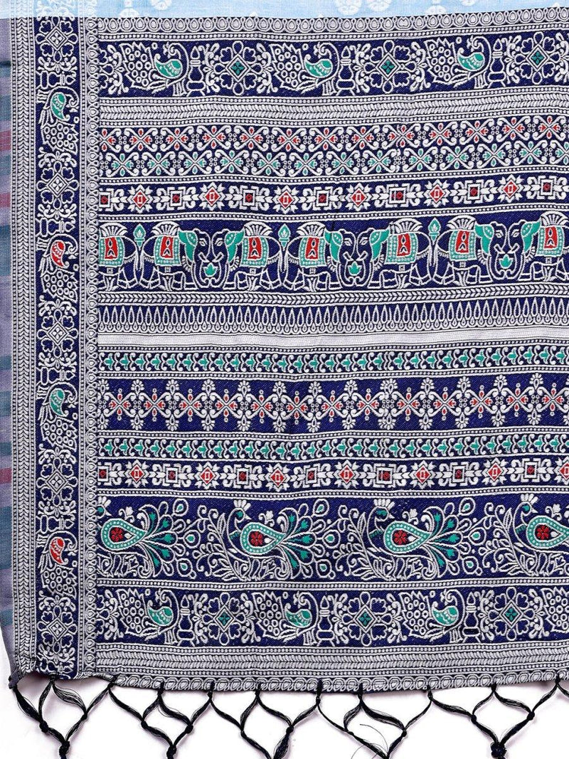 Sky Blue Linen Cotton Saree With Blouse Piece - EZBER