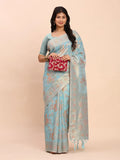 Sky Blue Linen Cotton Saree With Blouse Piece - EZBER