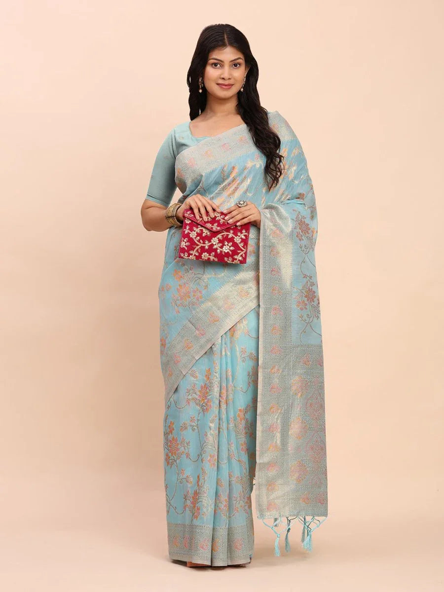 Sky Blue Linen Cotton Saree With Blouse Piece - EZBER