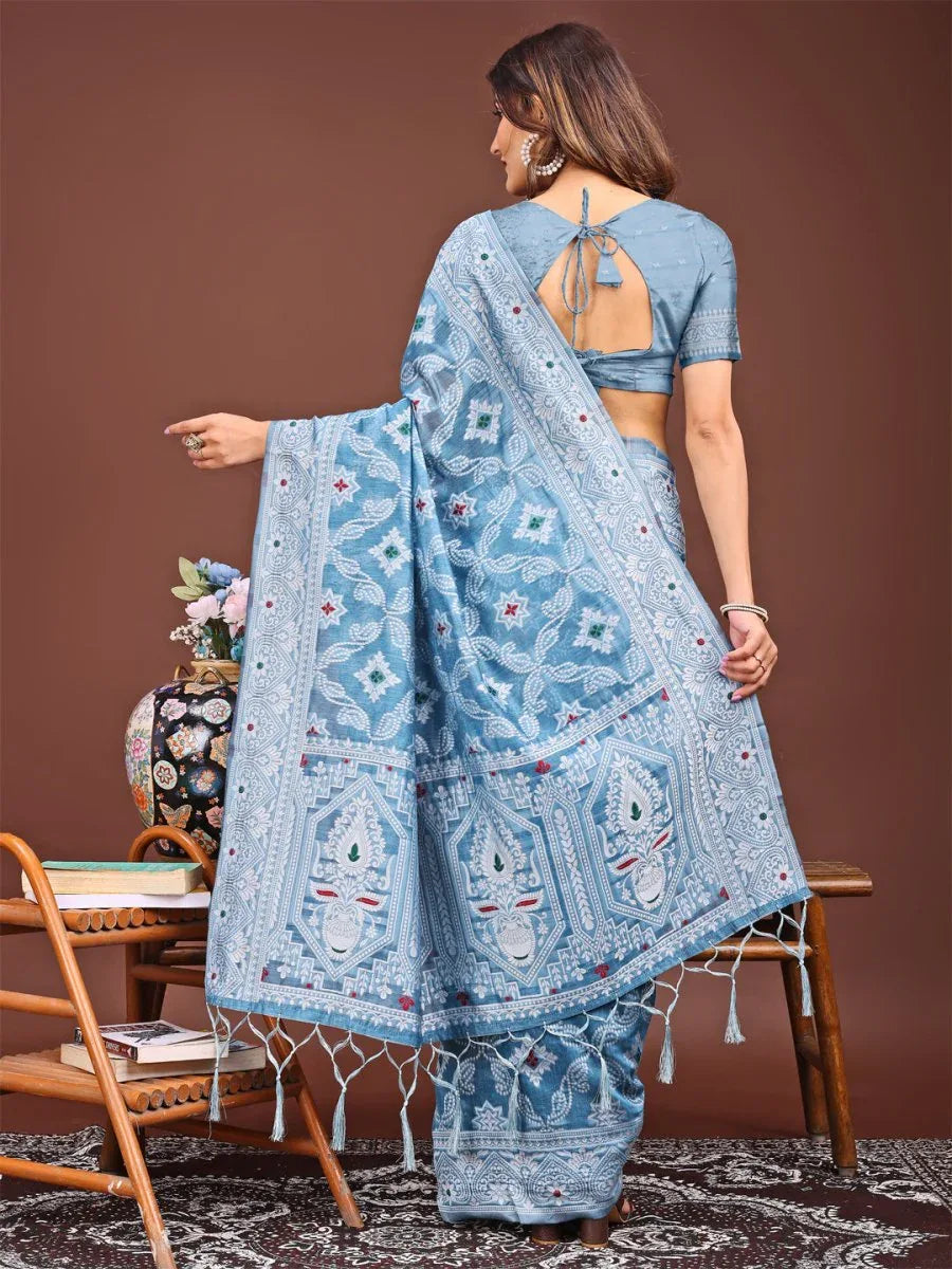 Sky Blue Linen Cotton Saree With Blouse Piece - EZBER
