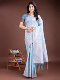 Sky Blue Linen Cotton Saree With Blouse Piece - EZBER