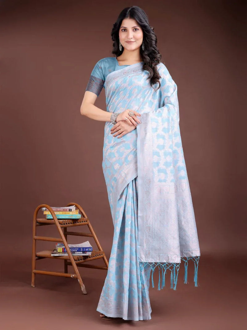 Sky Blue Linen Cotton Saree With Blouse Piece - EZBER
