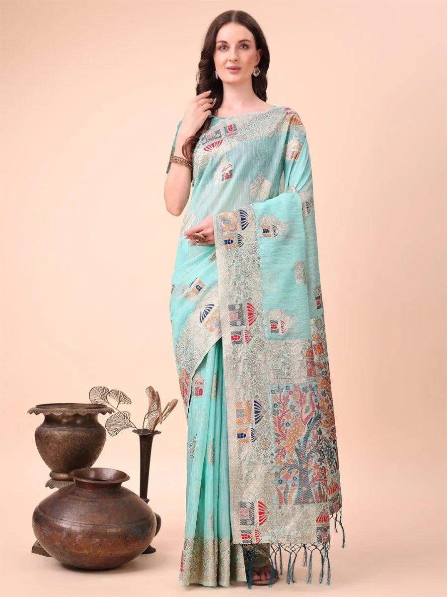 Sky Blue Linen Cotton Saree With Blouse Piece - EZBER