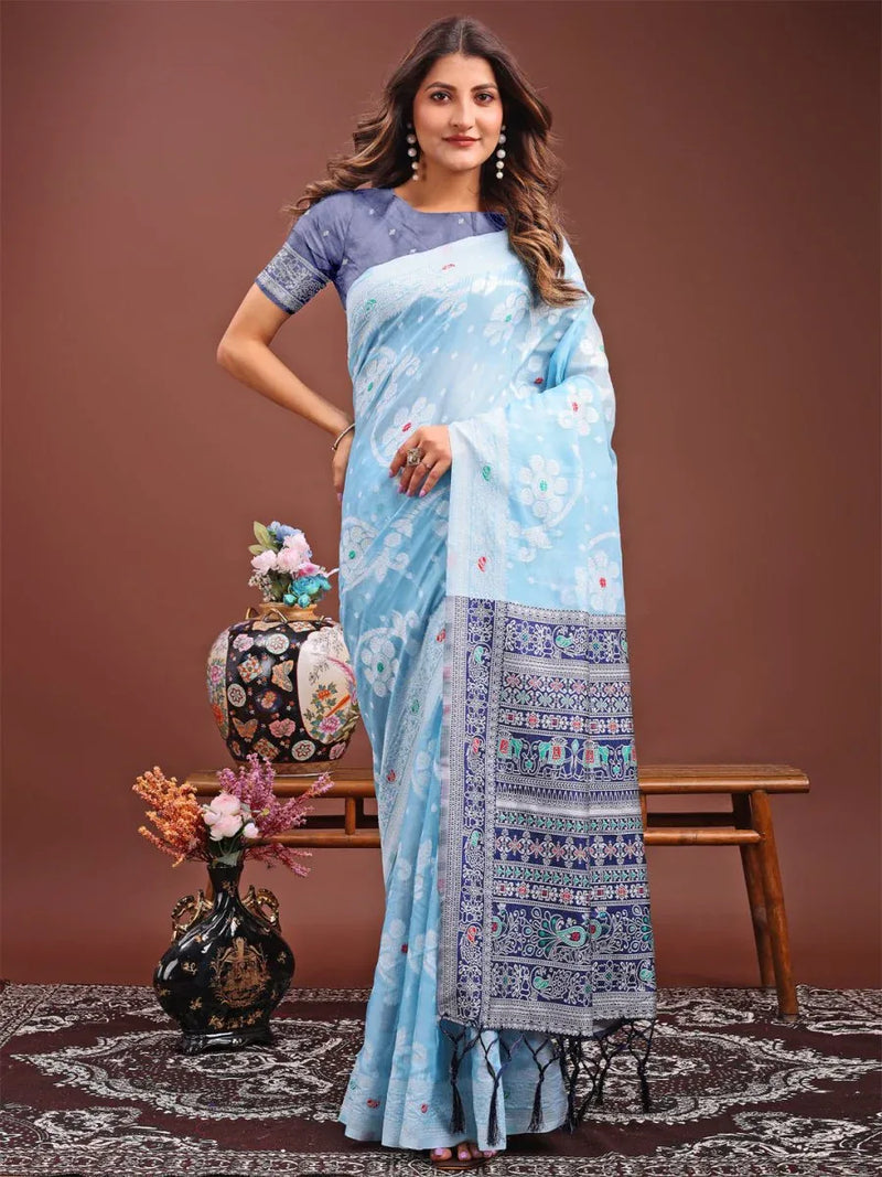 Sky Blue Linen Cotton Saree With Blouse Piece - EZBER
