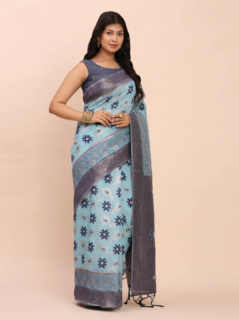 Sky Blue Linen Cotton Saree With Blouse Piece - EZBER