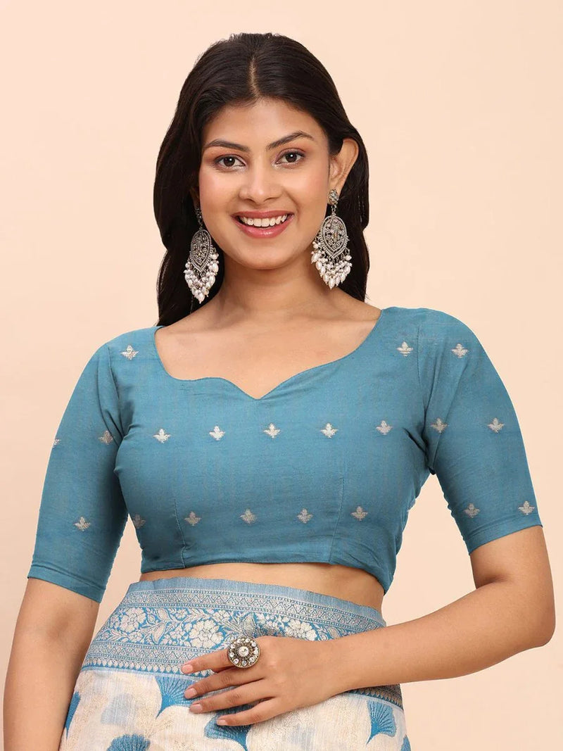 Sky Blue Linen Cotton Saree With Blouse Piece - EZBER