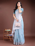 Sky Blue Linen Cotton Saree With Blouse Piece - EZBER