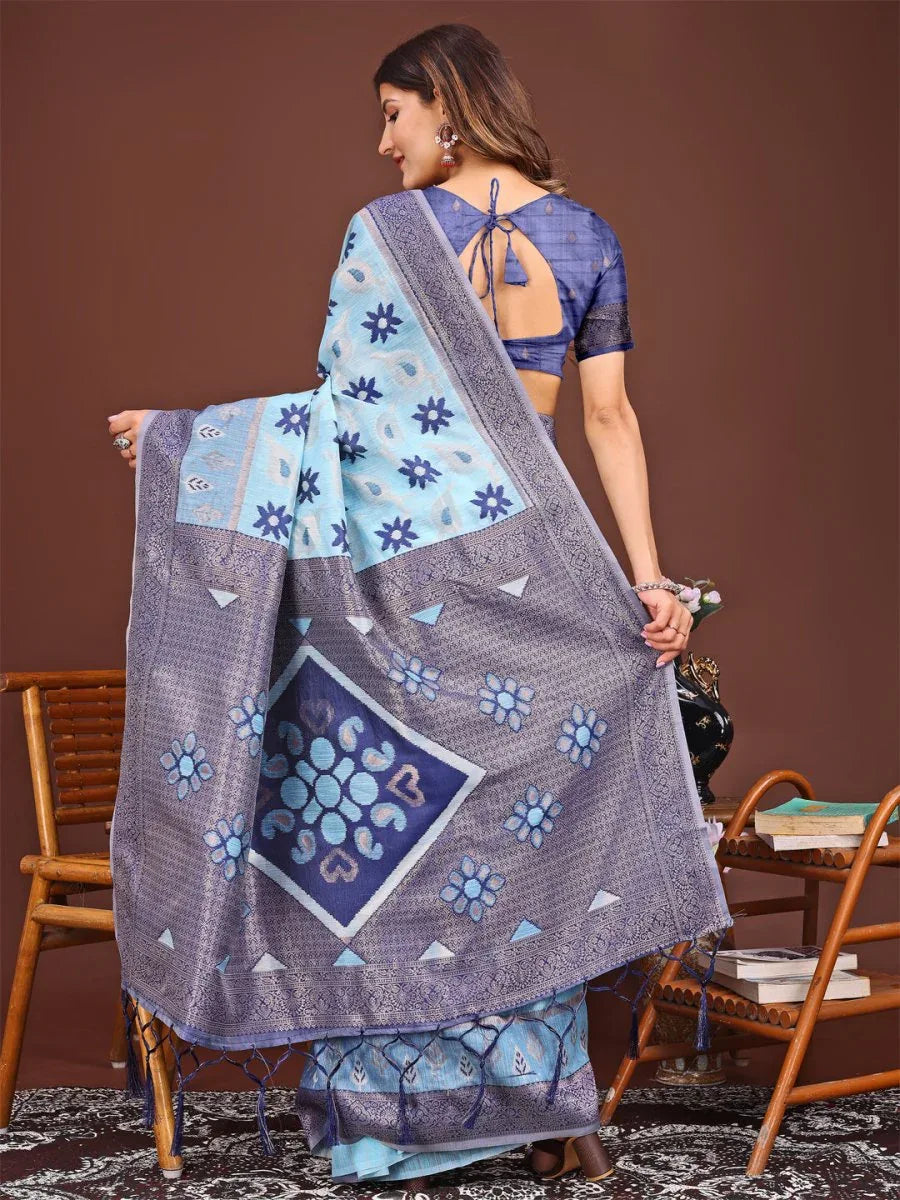 Sky Blue Linen Cotton Saree With Blouse Piece - EZBER