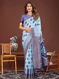 Sky Blue Linen Cotton Saree With Blouse Piece - EZBER