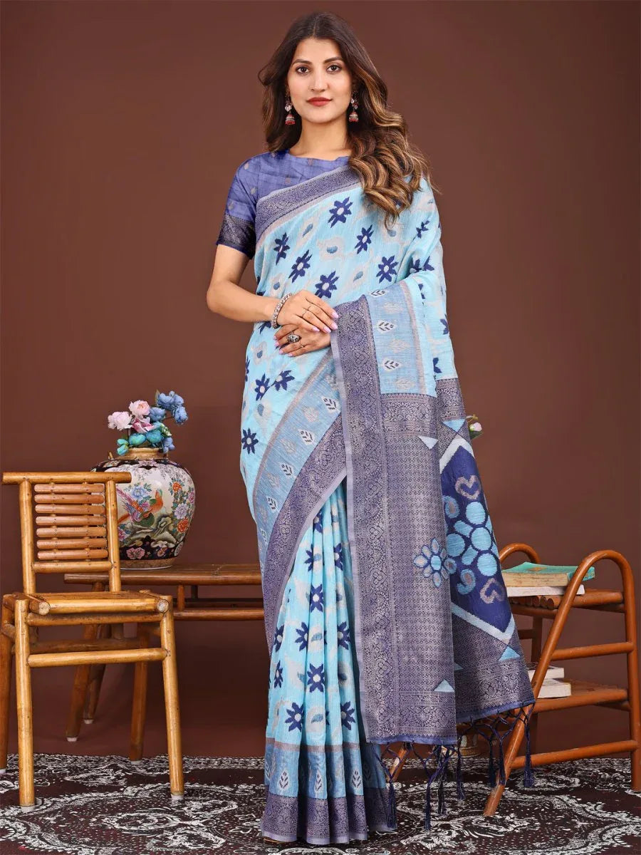 Sky Blue Linen Cotton Saree With Blouse Piece - EZBER