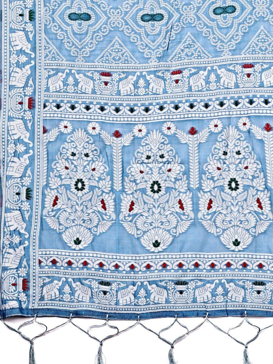 Sky Blue Linen Cotton Saree With Blouse Piece - EZBER