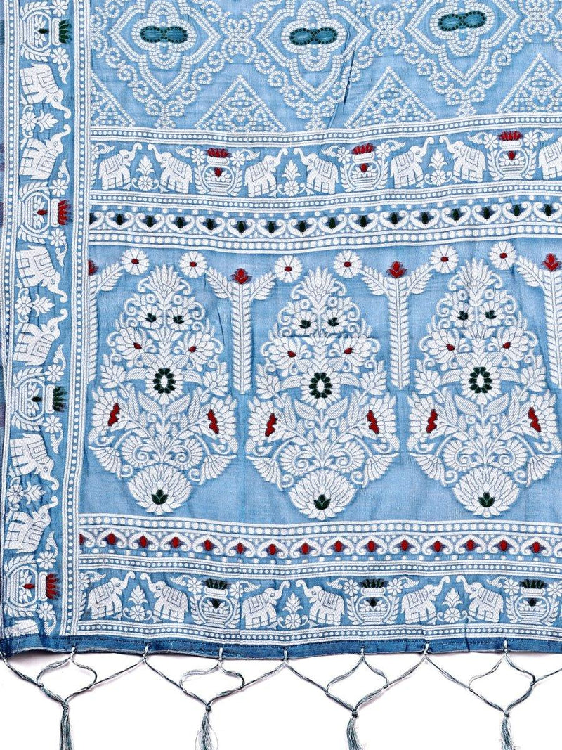 Sky Blue Linen Cotton Saree With Blouse Piece - EZBER