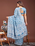 Sky Blue Linen Cotton Saree With Blouse Piece - EZBER