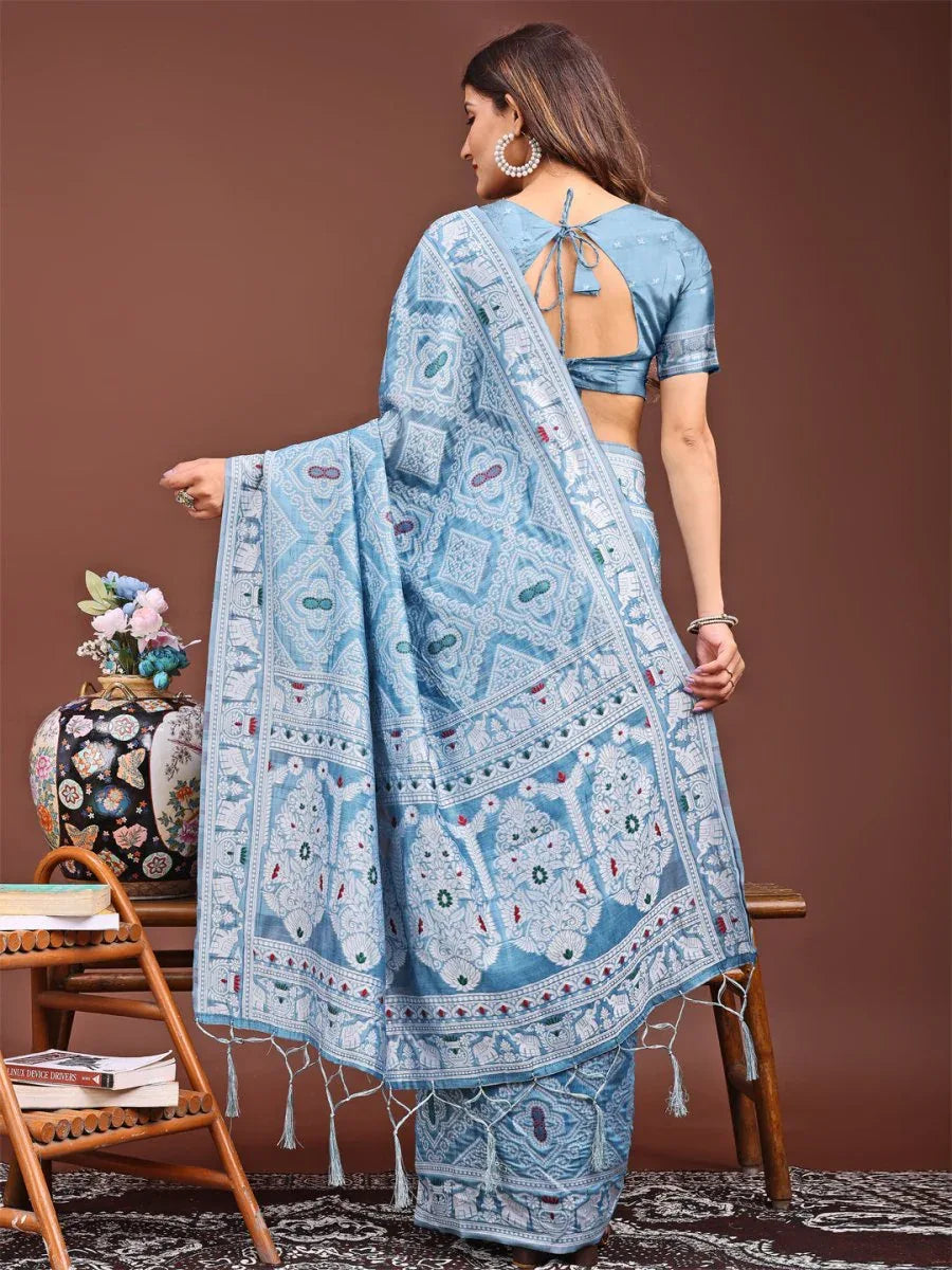 Sky Blue Linen Cotton Saree With Blouse Piece - EZBER