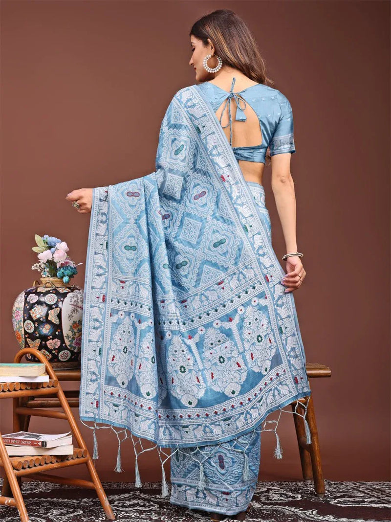 Sky Blue Linen Cotton Saree With Blouse Piece - EZBER