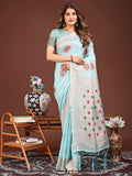 Sky Blue Linen Cotton Saree With Blouse Piece - EZBER