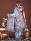 Sky Blue Linen Cotton Saree With Blouse Piece - EZBER
