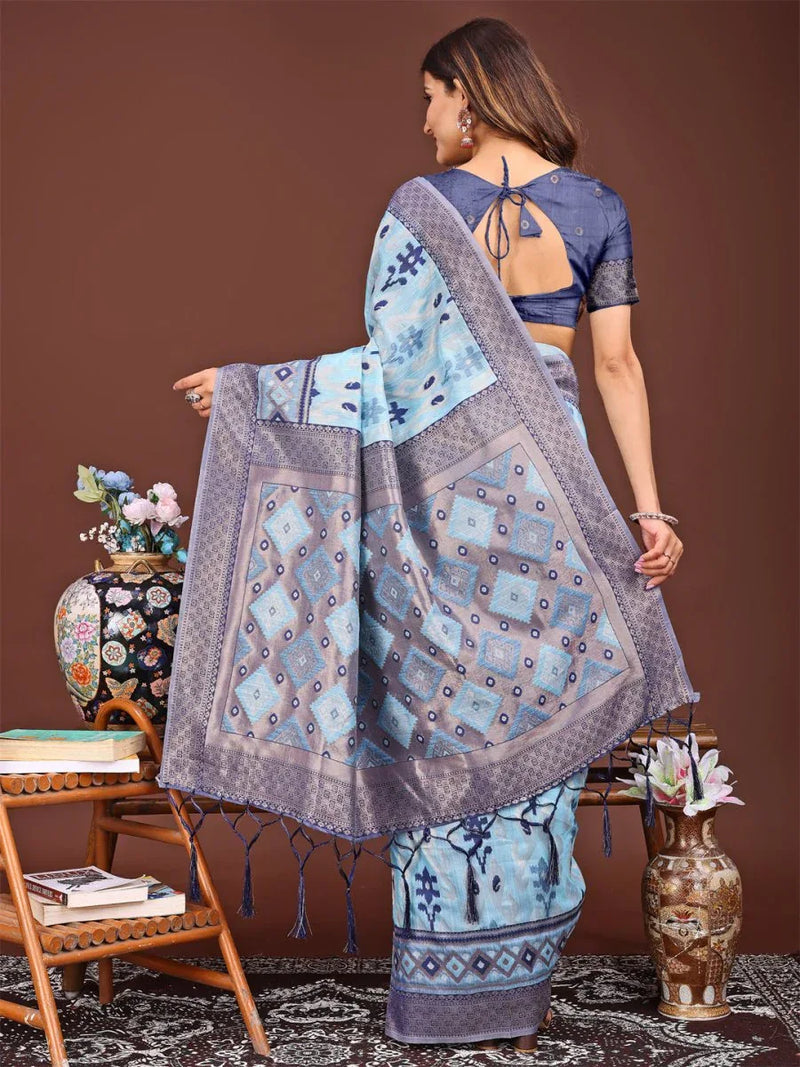 Sky Blue Linen Cotton Saree With Blouse Piece - EZBER