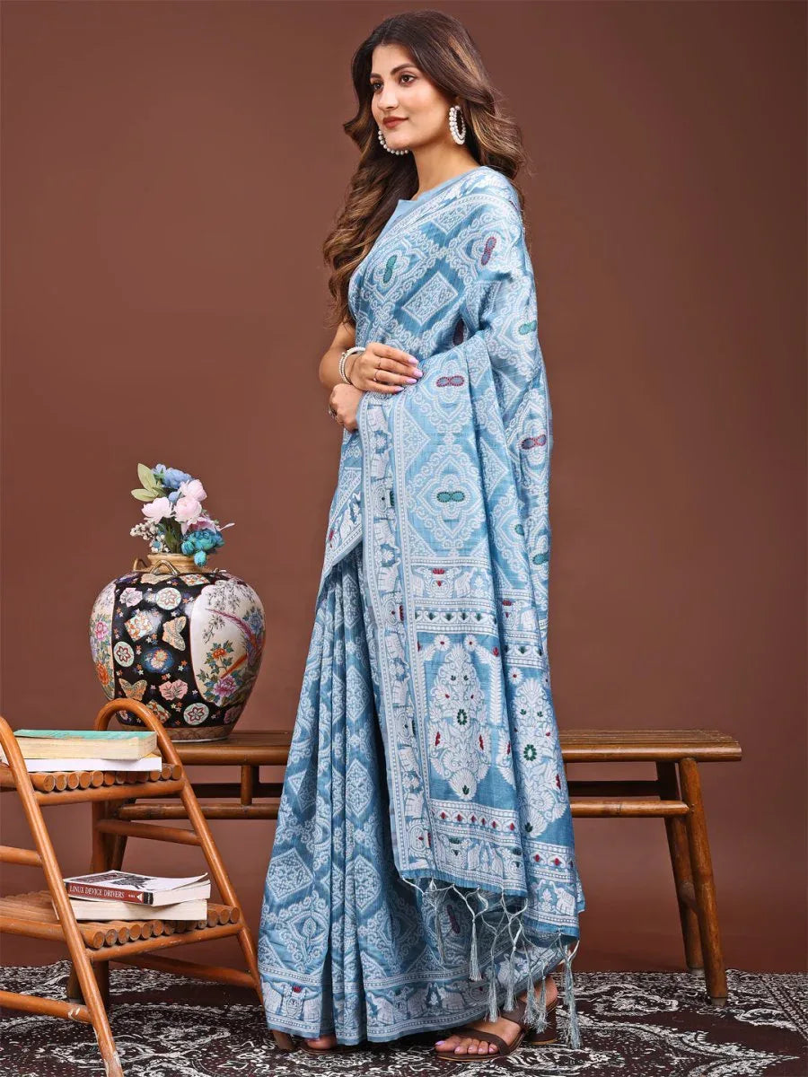 Sky Blue Linen Cotton Saree With Blouse Piece - EZBER