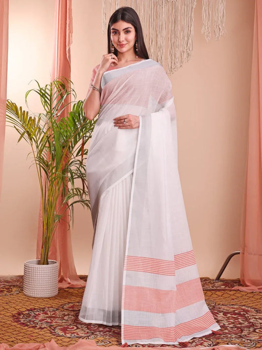 Sky Blue Linen Cotton Saree With Blouse Piece - EZBER