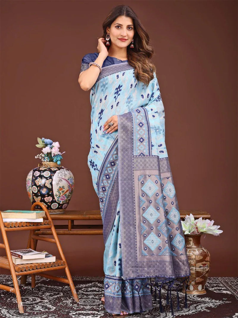 Sky Blue Linen Cotton Saree With Blouse Piece - EZBER