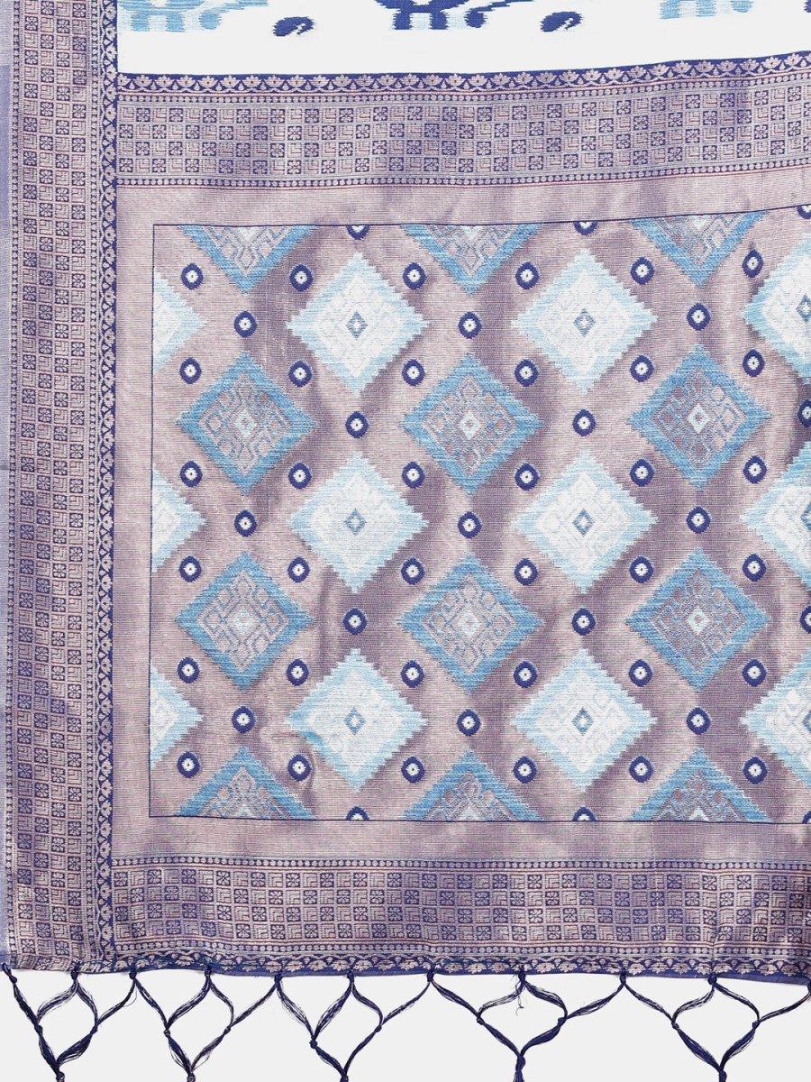 Sky Blue Linen Cotton Saree With Blouse Piece - EZBER