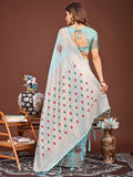 Sky Blue Linen Cotton Saree With Blouse Piece - EZBER