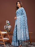 Sky Blue Linen Cotton Saree With Blouse Piece - EZBER