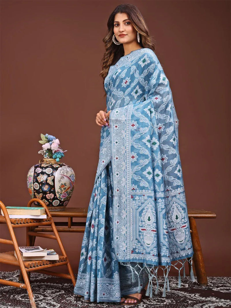 Sky Blue Linen Cotton Saree With Blouse Piece - EZBER