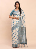 Sky Blue Linen Cotton Saree With Blouse Piece - EZBER