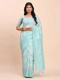 Sky Blue Linen Cotton Saree With Blouse Piece - EZBER
