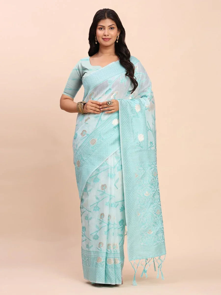 Sky Blue Linen Cotton Saree With Blouse Piece - EZBER