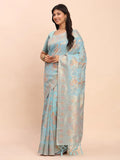 Sky Blue Linen Cotton Saree With Blouse Piece - EZBER