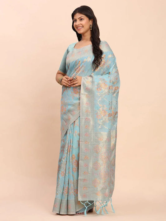 Sky Blue Linen Cotton Saree With Blouse Piece - EZBER