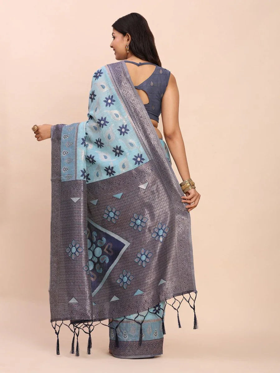 Sky Blue Linen Cotton Saree With Blouse Piece - EZBER